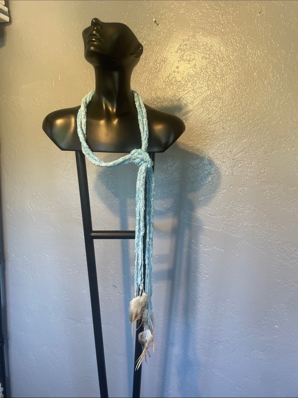 Boho Feather Rope Scarf Necklace in Light Blue